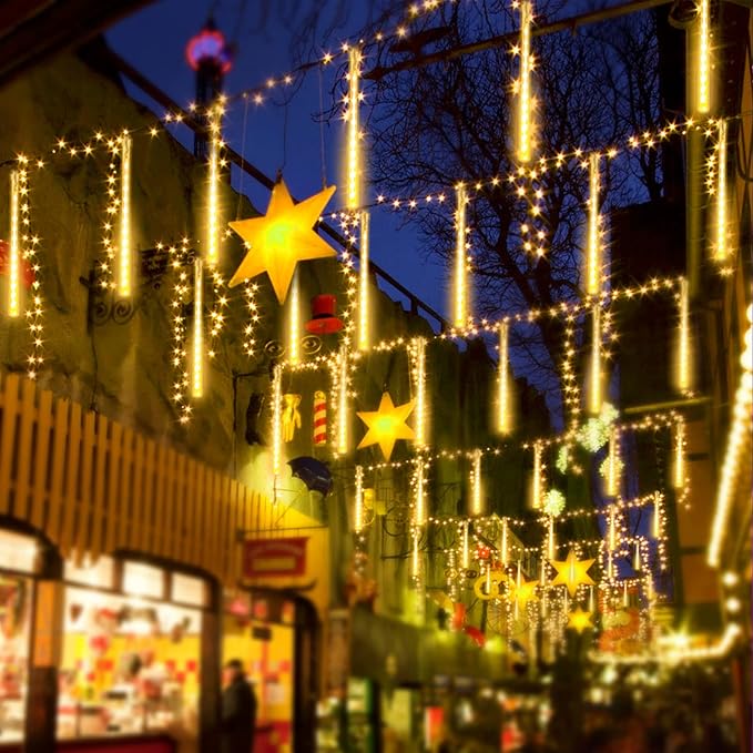 2-Pack Extendable Meteor Shower Christmas Lights Outdoor, Waterproof 16 Tubes 384 LEDs Outdoor Tree Lights for Christmas Decorations Outdoor Backyard Decor Garden Patio Xmas Decor (Warm White)