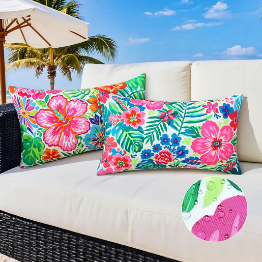 Outdoor Pillow Covers 12x20 Inch Set of 2 Tropical Floral Plants Boho Throw Pillows Cases Waterproof Lumbar Garden Cushion Sham for Patio Funiture Tent Balcony Bench Sofa Couch
