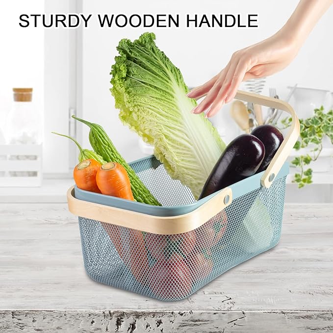 Portable Garden Harvest Basket-Mesh Design Natural Bamboo Handle Wire Storage Baskets,Mesh Basket with Handle Organize Items Reduce Space Occupation,Suitable for Kitchen,Garden,Picnic(Blue)