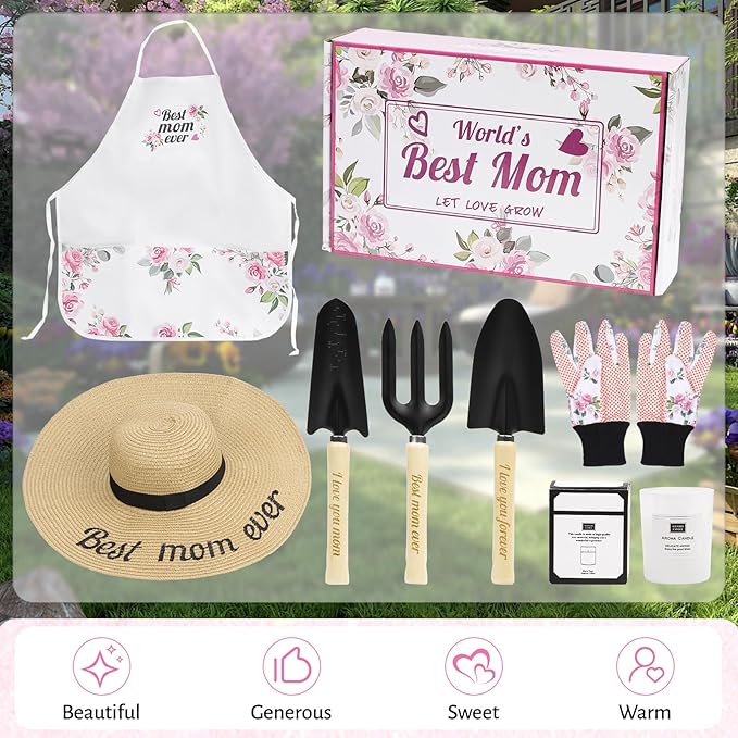 Pink Gardening Tools, Garden Tool Set for Women, 7 Piece Womens Gardening Kit with Gardening Hand Tools Straw Hat Floral Gardening Apron and Gloves,Gardening Gifts for Women Pink