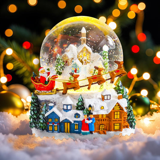 Christmas Snow Globes, Snow Globes Christmas with Music, Deer Pulling Sleigh with Santa Claus Snow Globe, Snow House Snowglobe Color Changing LED Lights Birthday Gift Decor for Kids Girls and Boys