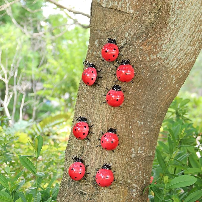 Metal Garden Decor for Outside Cute Ladybugs Yard Art Lawn Ornaments Wall Sculptures & Statues Outdoor Fence Decorations for Patio - Set of 8