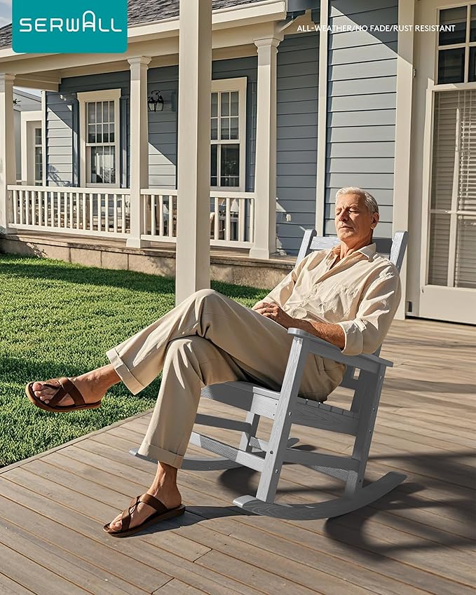 SERWALL Oversized Outdoor Rocking Chair Set of 2, HDPE Rocker for Adults, Patio Rocking Chairs for Porch, Sliver Gray