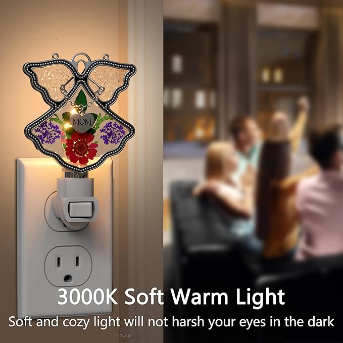 KY&BOSAM Night Light Mom Stained Glass Angel Night Lights Plug Into Wall with Real Flower in Glass and Metal Charm Night Light for Nursery Bedroom Bathroom Decorative Accent Lite Elegant Home Decor
