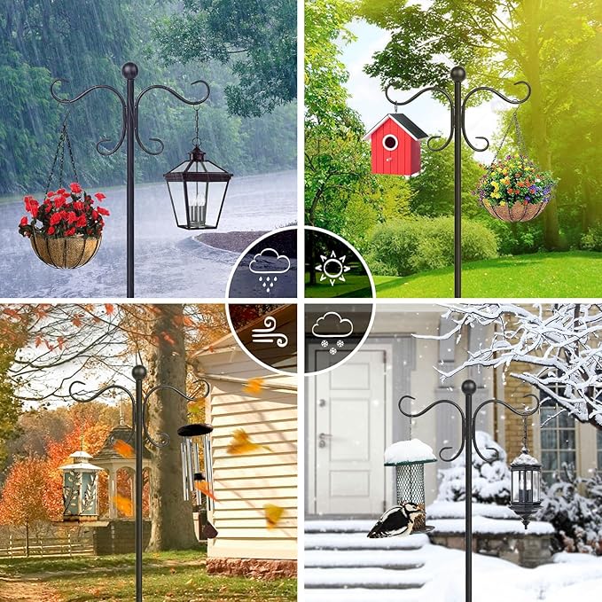 76 Inch Adjustable Double Shepherds Hooks for Outdoor Heavy Duty, Two Sided Garden Bird Feeder Pole for Hanging Plant Baskets, Solar Lights, Weddings Decor