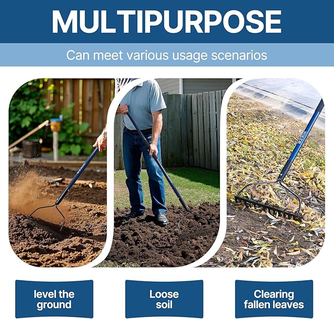 57 Inch Heavy Duty Garden Rake with Blue Fiberglass Handle - 14-Tooth Metal Yard Rake for Gardening, Farming, and Yard Work - Durable Hard Rakes for Heavy Duty Use