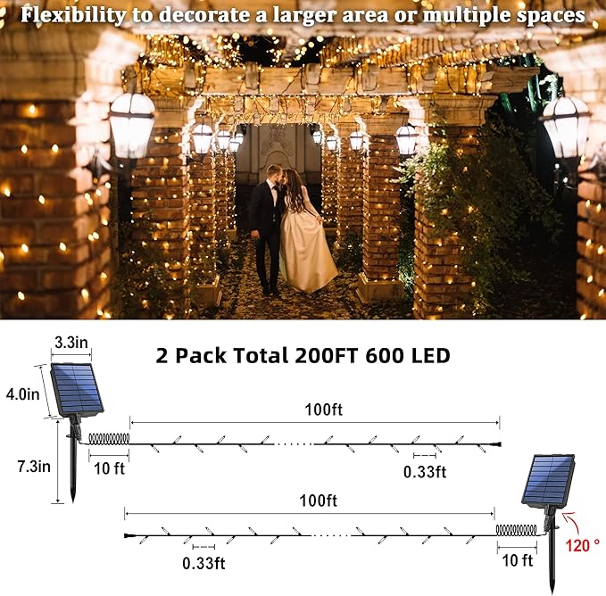 2-Pack 200FT Solar String Lights for Outside, 600 LED Extra-Bright Solar Light Outdoor with 19 Modes & Timer, Waterproof Fairy Solar Lights for Garden Patio Tree Christmas Decorations (Warm White)
