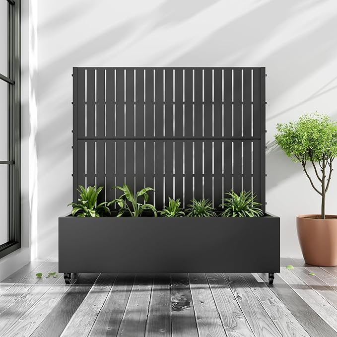 Casaphoria Metal Raised Garden Bed with Trellis and Wheels, 47"x47"x16" Planter Box for Climbing Plants, Vegetables & Vines, Features Drainage Holes and Privacy Screen (Black-Fence)