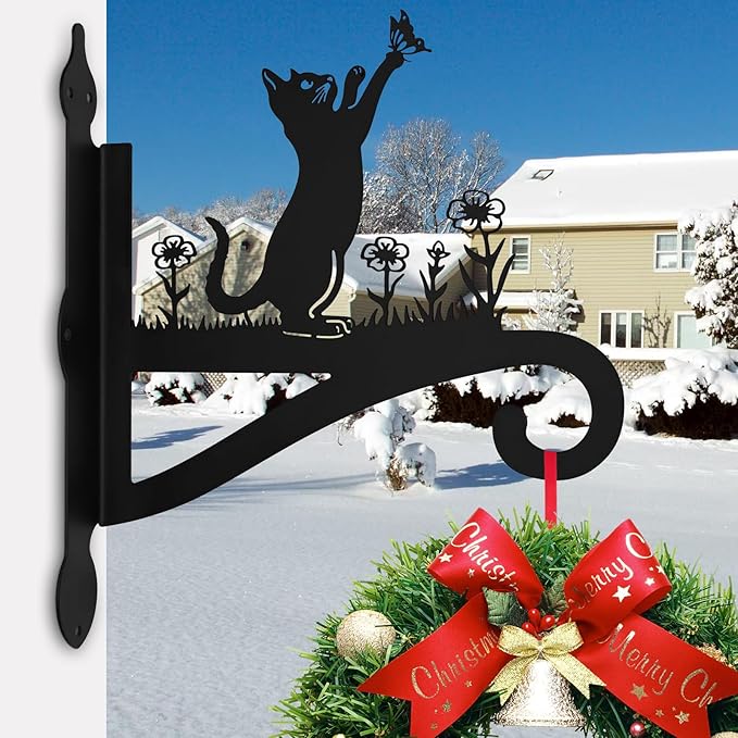 Plant Hangers Outdoor Iron Heavy Duty Ornamental Cat Silhouette Wall Mounted Hanging Plant Bracket for Flower Pot Lantern Bird Feeder Wind Chimes Christmas Decoration