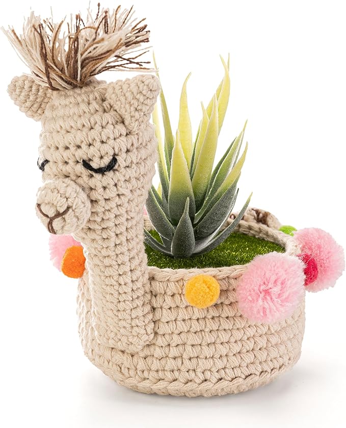 Crochet Llama Planter Holder, Outdoor and Indoor Hanging Planters, Desk and Wall Planter Holders for Home and Office, Plant Hanger Gift Idea for Animal Lovers, Crochet Llama 4-inch Diameter