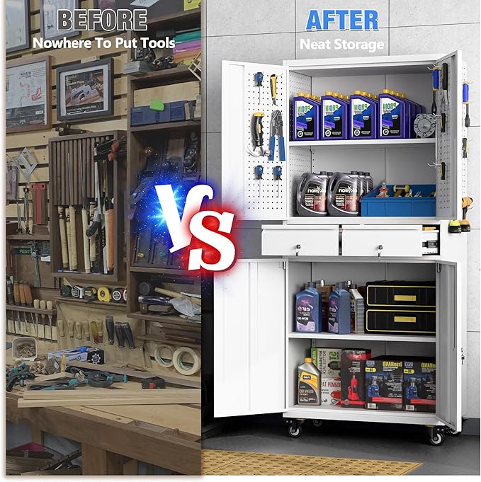 Metal Garage Storage Cabinet with Locking Doors and 2 Adjustable Shelves, Rolling Tool Storage Cabinet with 4 Wheels and 2 Drawer for Garage, Warehouse, White, Assembly Required