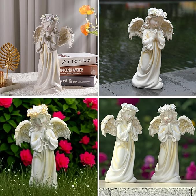 2pcs Angel Garden Statue, Warm Light Solar Garden Decor,Waterproof Outdoor Garden Decor Praying Angel Figurine Sculpture for Mom or Birthdays, Lawn Yard Patio, Sympathy Gift, White