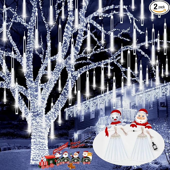 2-Pack Meteor Shower Christmas Lights Outdoor Decorations, Extendable Tree Lights Waterproof 16 Tubes 384 LEDs Falling Rain for Holiday Outside Decor Yard House Xmas Tree (Cool White)