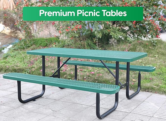 6FT Metal Picnic Tables for Outdoors, Commercial Rectangular Picnic Table and Bench Set for Outside, Patio, Garden, Backyard, Porch, Surface Mount, Green