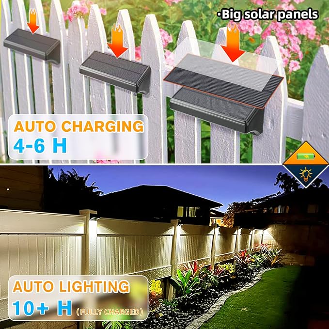 Aulanto Solar Fence Lights 4 Pack-Plus,100 Lumen Big Outdoor Solar Light IP65 Waterproof, Warm White and 10 RGB Modes,Fence Lights Otdoor Solar Lighting for Backyard,Garden,Fence,Wall,Deck,Stairs.