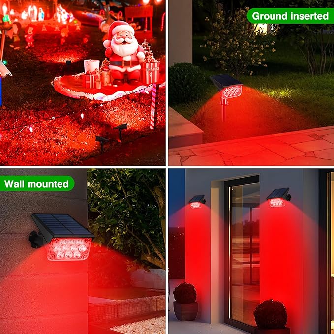 Solar Spot Lights Outdoor,20 LED Waterproof IP65 Solar Landscape Light Adjustable Panel Spotlights for Wall Tree Yard Garden Halloween Christmas Red Lights 4 Pack