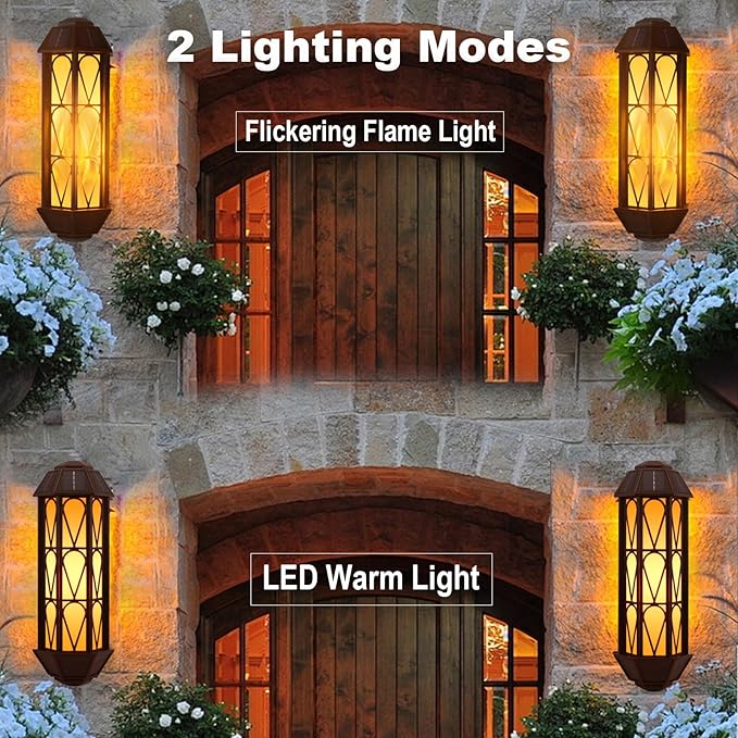 KINGLEAD 4 Pack Flickering Flame Solar Wall Lights - Outdoor Waterproof, Sensor with 2 Lighting Modes, Vintage for House Garden Porch Backyard Patio