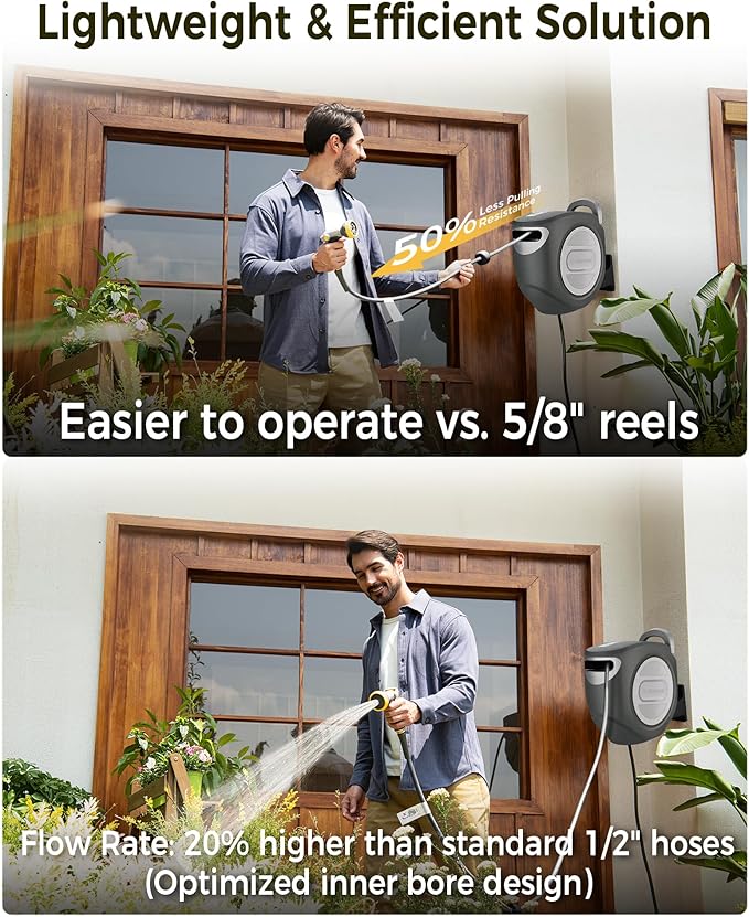 Retractable Garden Hose Reel 1/2 in x 100 ft Upgraded UV Resistant Heavy Duty Automatic Hose Reel Wall Mount 3/4 in Brass Fitting 9 Pattern Nozzle Any Length Lock Slow Retraction 180° Swivel