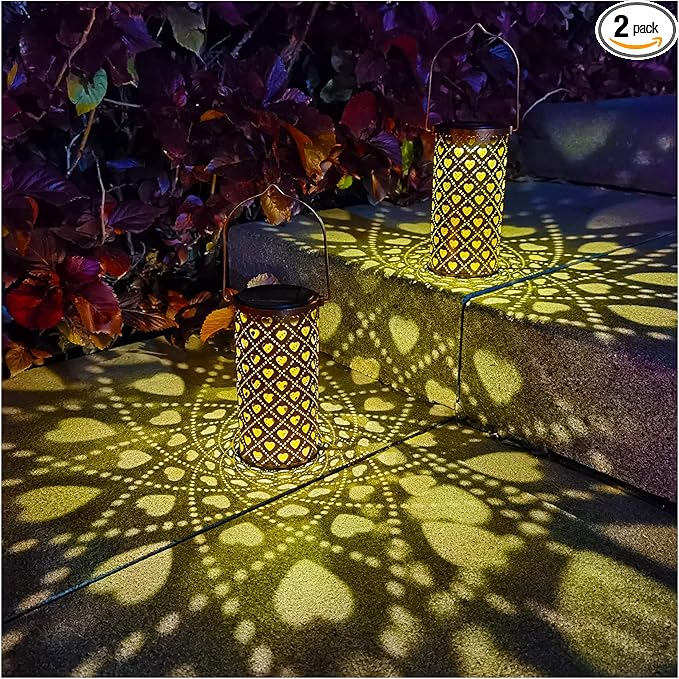 2 Pack Solar Lanterns Outdoor Hanging Heart Pattern Decor Lantern,Waterproof Hollow Out Metal Decorative Garden Light,Graceful Decoration for Patio,Yard,Landscape,Walkway,Festival