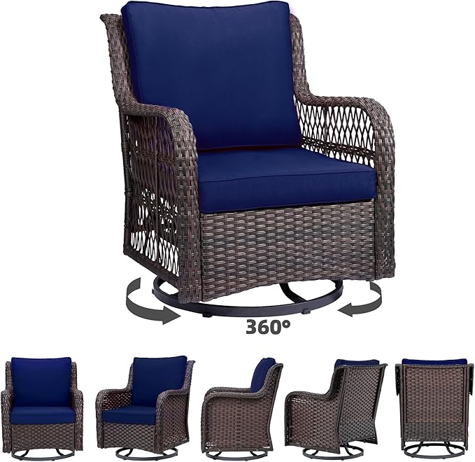 Towallmark Outdoor Swivel Wicker Glider Patio Chairs with Table Set, 3 Pieces Outdoor Bistro Set with 4”Thick Cushions and Coffee Table for Porch, Balcony, Deck (Blue)