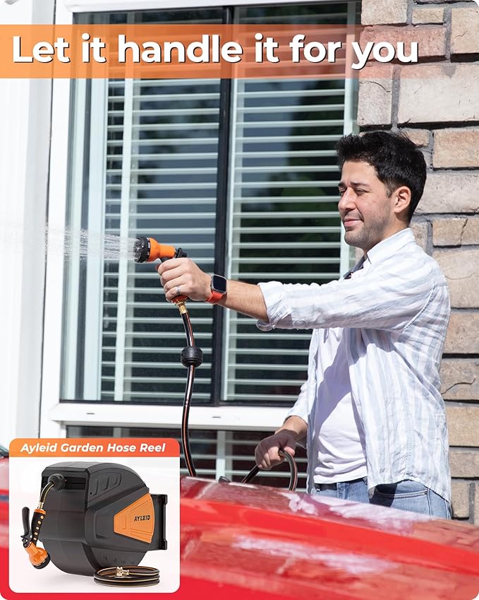 Ayleid Retractable Garden Hose Reel,1/2 in x 65 ft Wall Mounted Hose Reel, with 9- Function Sprayer Nozzle, Any Length Lock/Slow Return System/Wall Mounted/180°Swivel Bracket (Black)