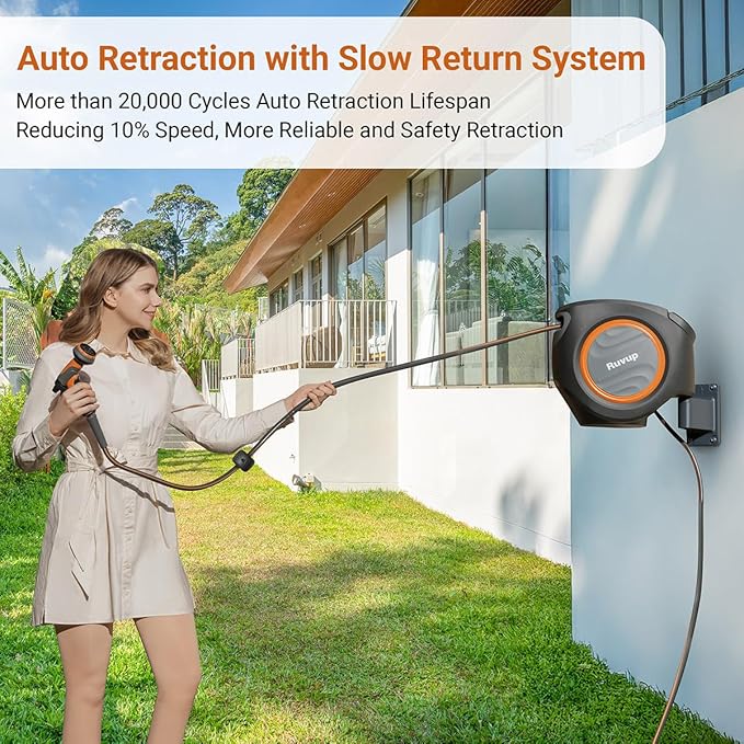 Ruvup Retractable Garden Hose Reel,1/2in x 150ft Water Hose Reel with Metal Bracket, UV Resistant Automatic Hose Reel Wall Mount for Outside, Slow Retraction Any Length Lock 10 Spray Nozzle
