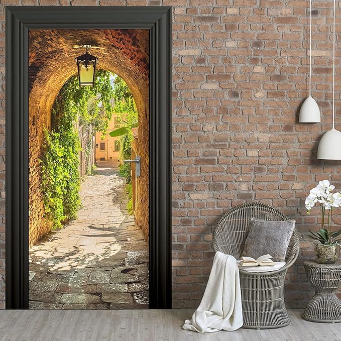 3D Door Stickers Murals Peel and Stick - TOSKANA Corridor - Door Wallpaper Self-Adhesive Door Decals Removable PVC Waterproof Door Poster for Bedroom Living Room Door Decoration 37.4 x 78.7 inch