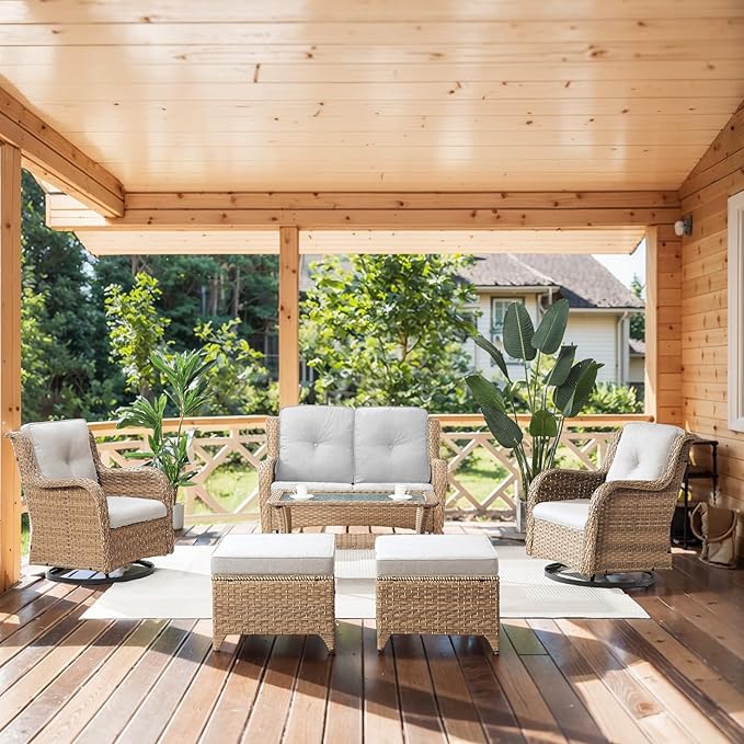 Wicker Outdoor Furniture Patio Furniture Set - 6 Piece Patio Conversation Set with Swivel Rocker Chairs, Loveseat Sofa, Ottomans and Coffee Table, Beige Cushion