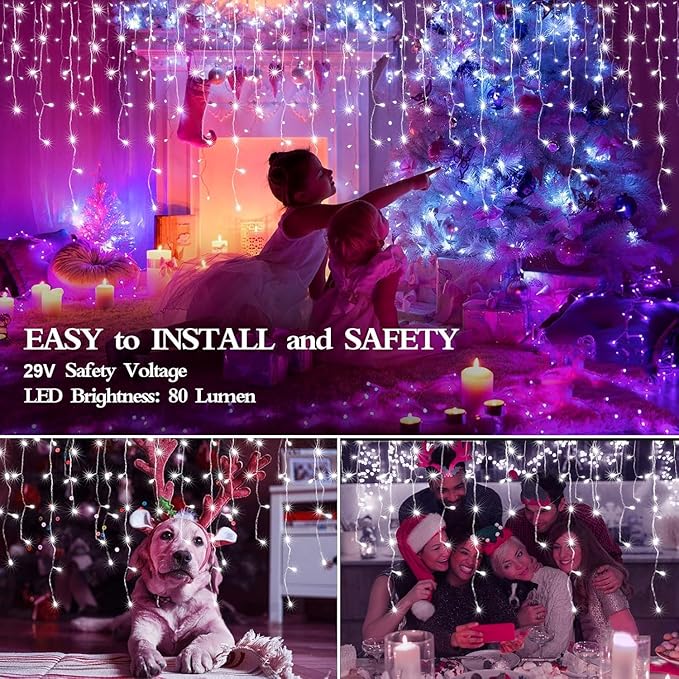 480 LED 49FT Christmas Lights Plug in 8 Modes with Timer Dimmable Christmas Decorations Outdoor Waterproof Indoor Curtain String Lights for Roof Porch Garden Holiday Wedding Party Decor Cool White