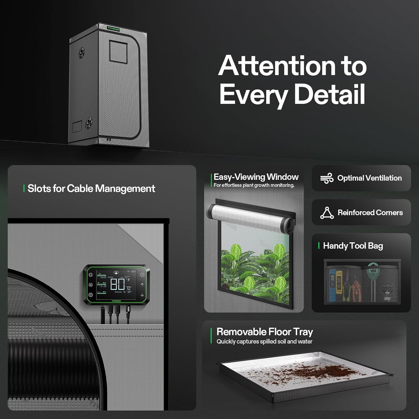 VIVOSUN G336 36"x36"x72" Grow Tent, 3x3 FT Advanced Gray Mylar Tent with 19mm Poles, Observation Window and Floor Tray for Hydroponic Plants for VS2000/VS3000