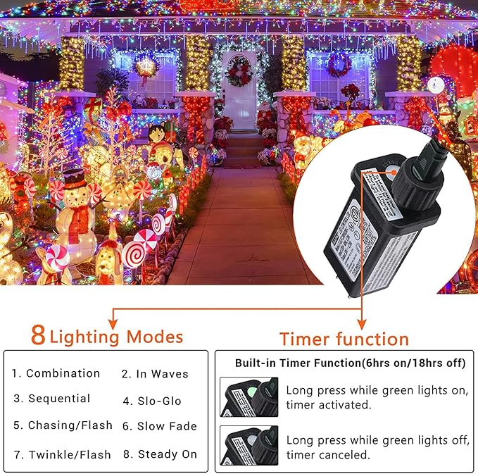 338Ft Christmas Lights Outdoor, 1000 LED Christmas String Lights with 8 Modes, Timer, Waterproof Fairy Twinkle Lights for Christmas Party, Garden, Wedding, Holiday, Xmas Tree Decorations (Multicolor)