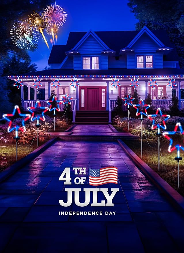 4th of July Decorations Outdoor Red White and Blue Lights, 4 Big Neon Star Pathway Lights Plug in for Independence Day Memorial Day Patriotic Decor Outside Garden Yard Lawn