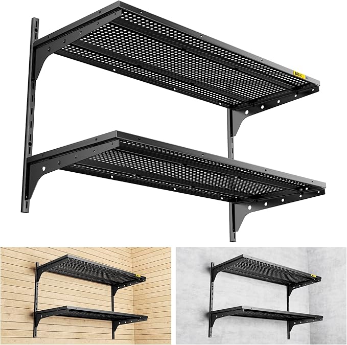 2 Tier 1.3x3ft Garage Shelving Wall Mounted, 400 lbs Load Capacity,15.6x36inch per Shelf Height Cassette Adjustable Floating Shelves(Black)