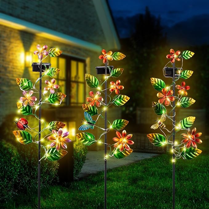 3 Pack Solar Garden Lights, Flower & Insect Metal Solar Stake Light, 23" H Outdoor Statues Figurine Lights for Garden Lawn Patio Yard Decoration