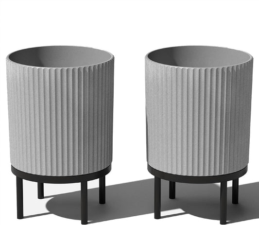 Veradek Demi Series Round Planter w/Stand for Porch/Patio | Durable Plastic-Stone Composite & Wooden Stand | Modern Décor for Tall Plants, Flowers