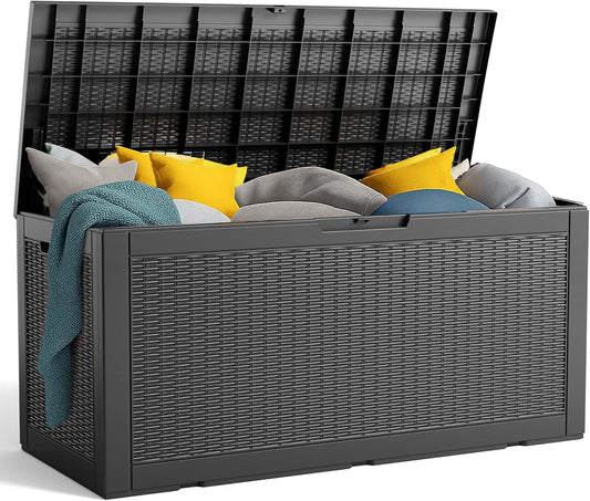120 Gallon Resin Deck Box, Lockable Patio Outdoor Storage Box for Furniture, Garden Tools and Tools Storage, Waterproof Outside Storage Boxes - Black