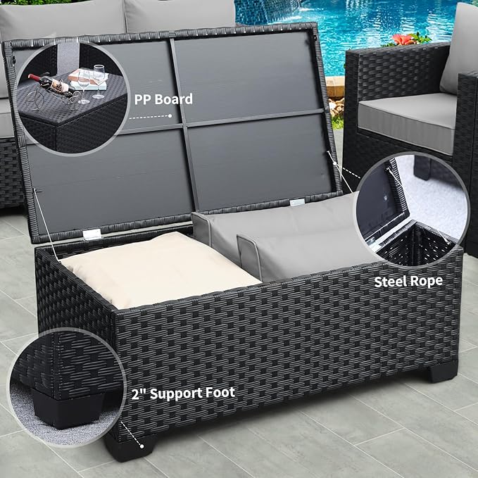 Rattaner Patio Coffee Table with Storage Wicker Outdoor Coffee Table and All-Weather Wicker Side Table with Waterproof Cover, Black
