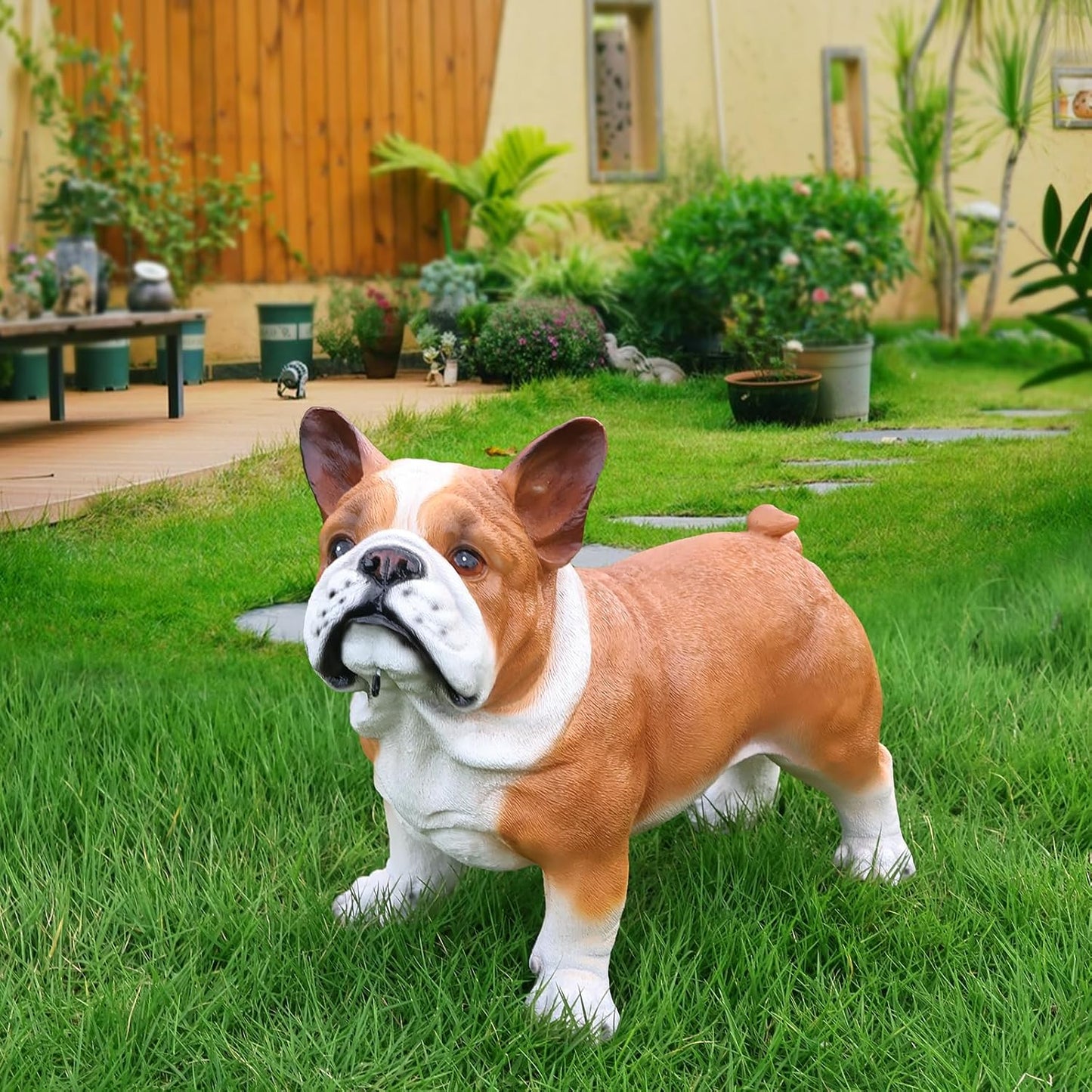 Bulldog Solar Welcome Statue, Hand-Painted Resin Standing Dog Figurine with Lantern and Dual Wooden-Style Signs, Loyal Guardian Sculpture for Garden and Porch Décor