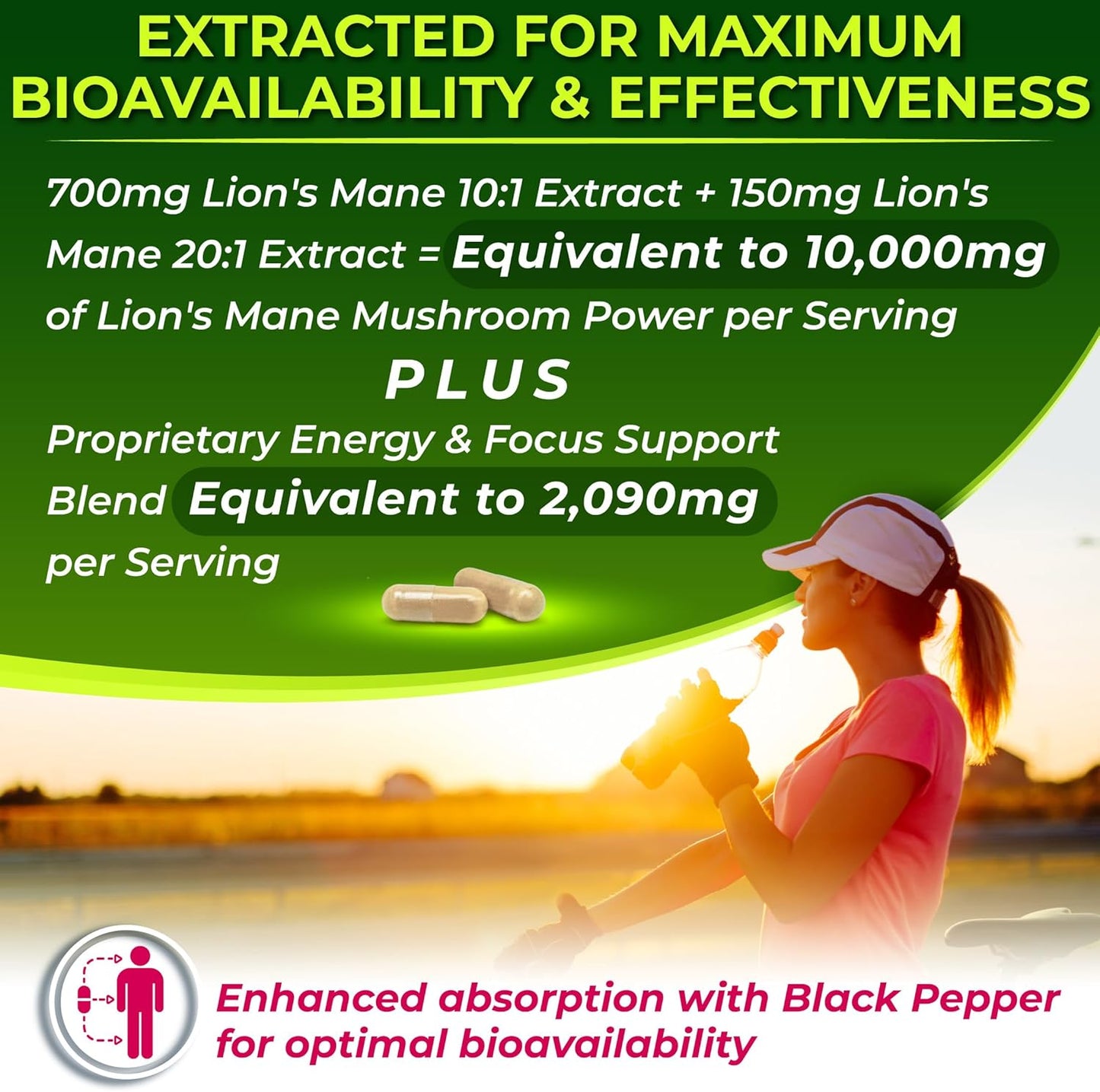 Organic Lion's Mane Supplement Capsules - Contains Naturally Occurring Beta Glucans & Polysaccharides, Enhanced with Organic Energy & Focus Support Blend: Cordyceps, Rhodiola Rosea, Ginseng, 120 Count