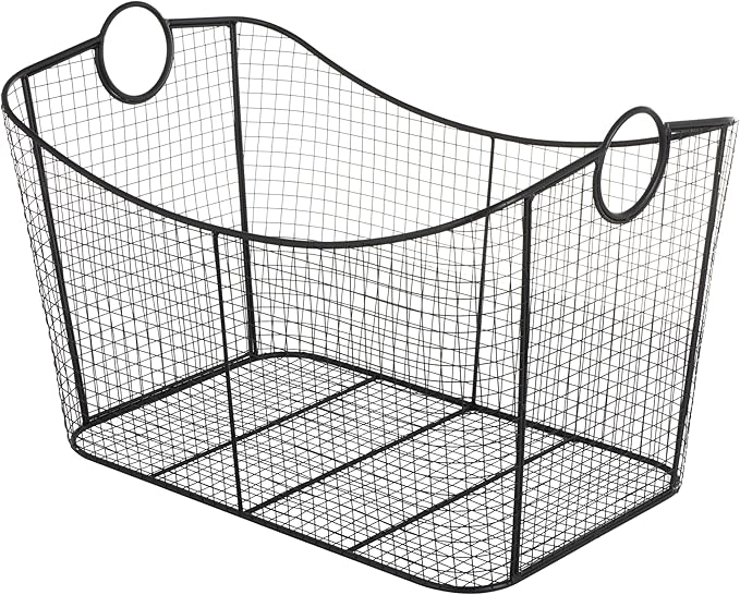 Deco 79 Metal Large Open Frame Wire Grid Storage Basket with Curved Sides and Ring Handles, 30" x 20" x 20", Black