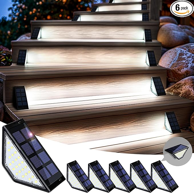 SOLPEX Solar Step Lights for Outside, 24 LEDs Solar Stair Lights Outdoor Waterproof Decor for Porch, Front Door, Stair, Step, Deck, Fence, Balcony, Patio, Wall, Yard, Garden(6 Pack, Cold White)