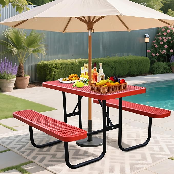 4FT Metal Picnic Tables for Outdoors, Commercial Rectangular Picnic Table and Bench Set for Outside, Patio, Garden, Backyard, Porch, Surface Mount, Red