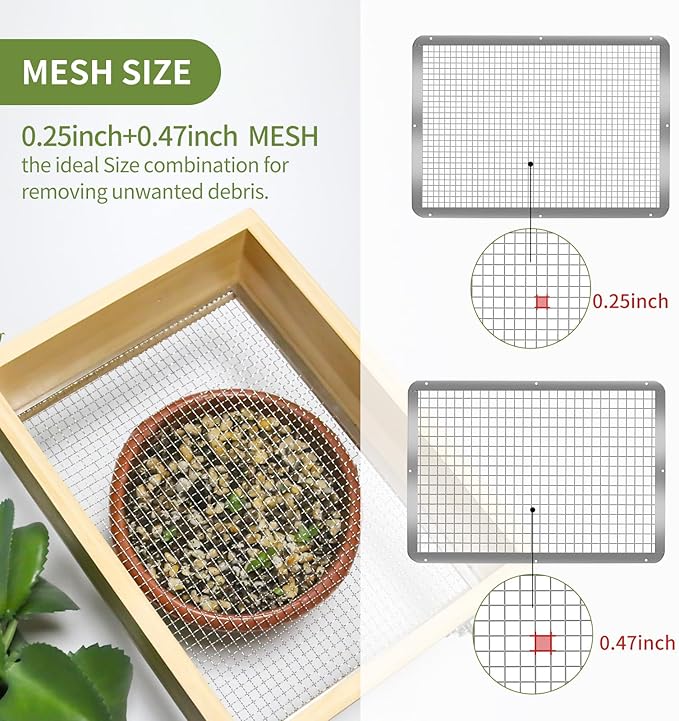 Wooden Soil Sifter for Gardening,13.7"x10.2" Rock Sifter with 2 Replaceable Mesh Screen (0.25"&0.47") Compost Sifter for Leaves, Rocks, Compost, Gravel, Soil