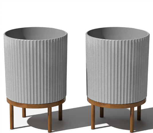 Veradek Demi Series Round Planter w/Stand for Porch/Patio | Durable Plastic-Stone Composite & Wooden Stand | Modern Décor for Tall Plants, Flowers
