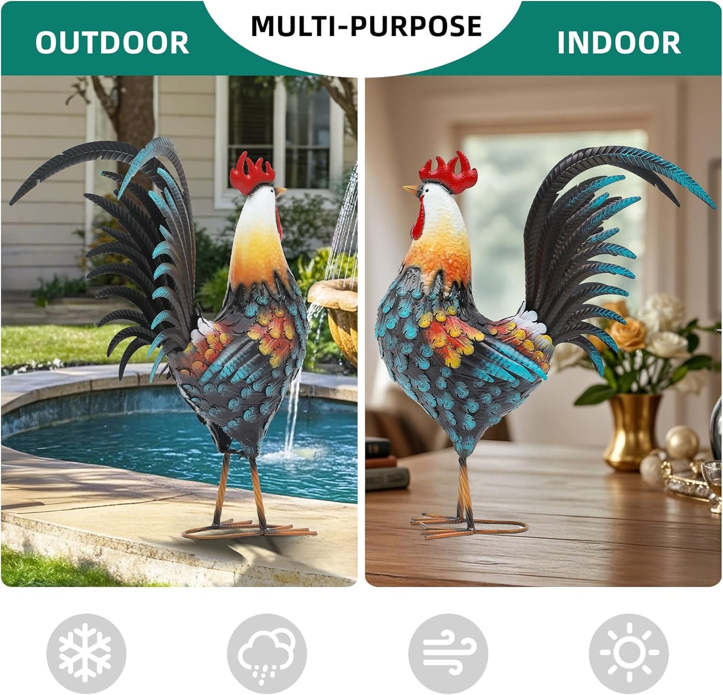 32in Metal Rooster Decor, Outdoor Garden Statues, Metal Chicken Sculpture for Backyard Patio Garden Kitchen Décor