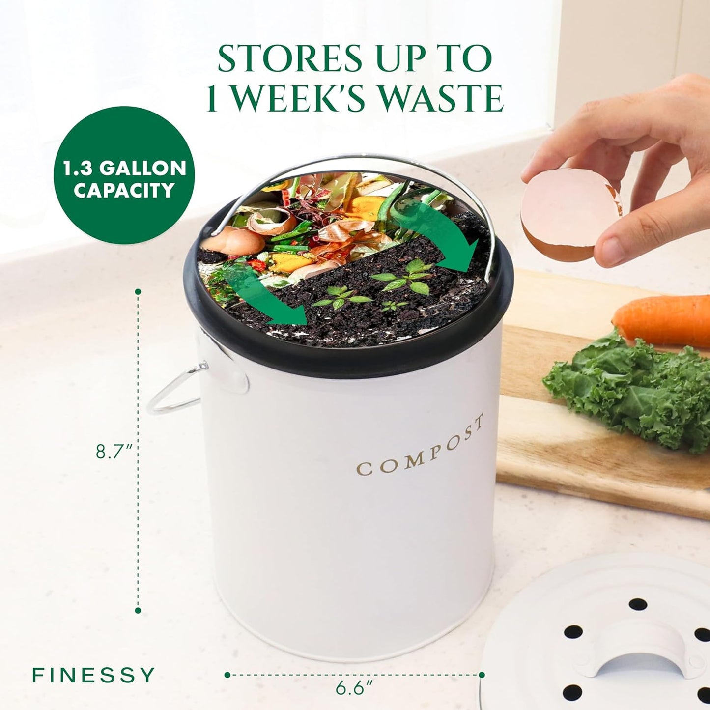 White 1.3 Galion Indoor Compost Bin Kitchen Odorless with Lid for Composting Food Waste Bucket for Counters, Stainless Steel Kitchen Compost Bin Countertop Trash Can Scrap Container Composter Caddy