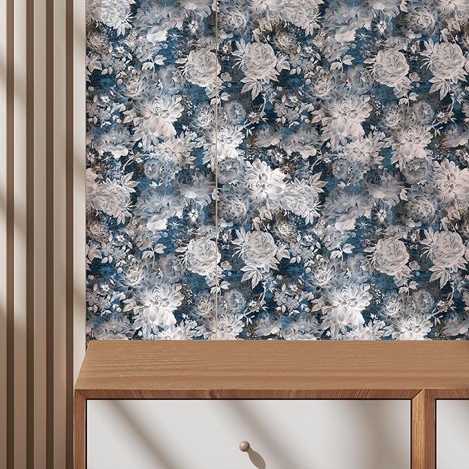 Vintage Garden Peel & Stick Floral Wallpaper - Removable White/Blue Vinyl Self Adhesive Mural - 17.7in x 19.68ft
