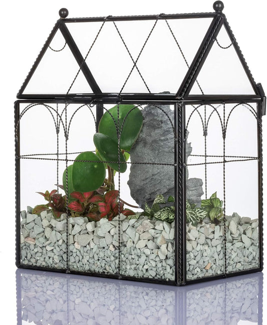 NCYP Black Glass Terrarium with Lid, Indoor Geometric Planter for Cacti, Air Plants, Succulents, Insect, Snail, House Shape Closed Box 7.5" x 4.9" x 9" (No Plant Included)