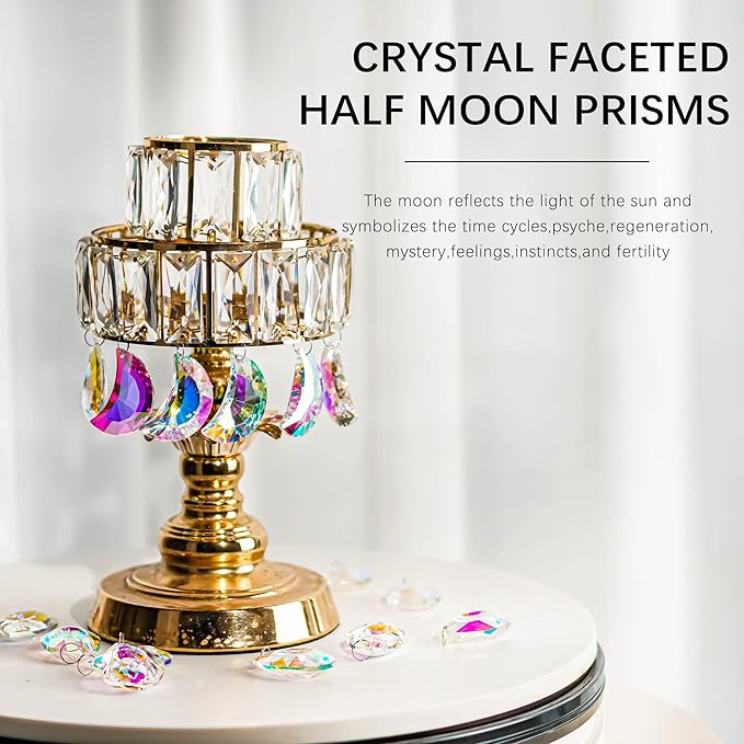 6pcs Colorful Crystal Faceted Half Moon Prisms Chandelier Lamp Lighting Drops Pendants Prisms Hanging Crystals Suncatcher for Window Garden Home Decoration