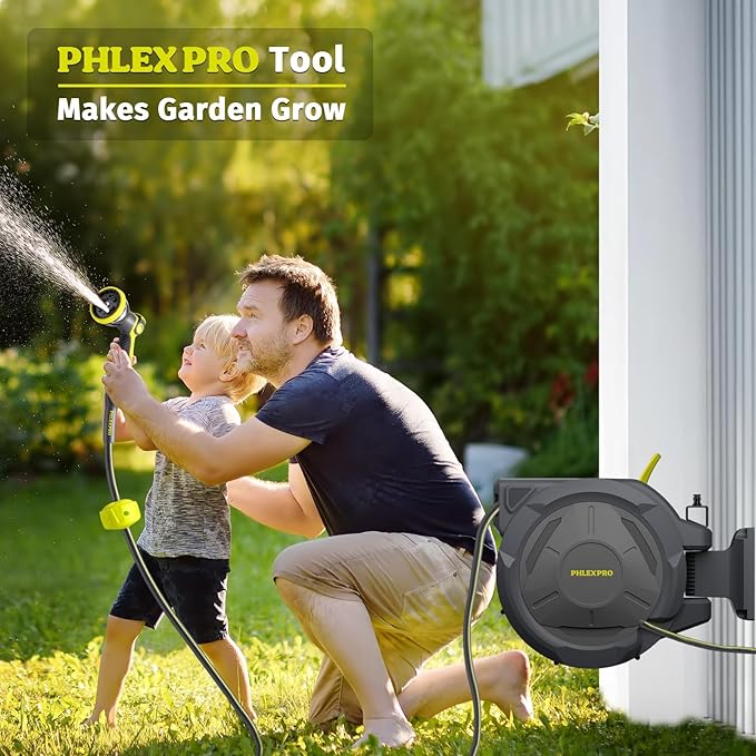 Retractable Garden Hose Reel 5/8 in x 75 ft Heavy Duty Automatic Water Hose Reel Wall Mounted with 10 Pattern Nozzle,Any Length Lock, Slow Return System, 180°Swivel Bracket